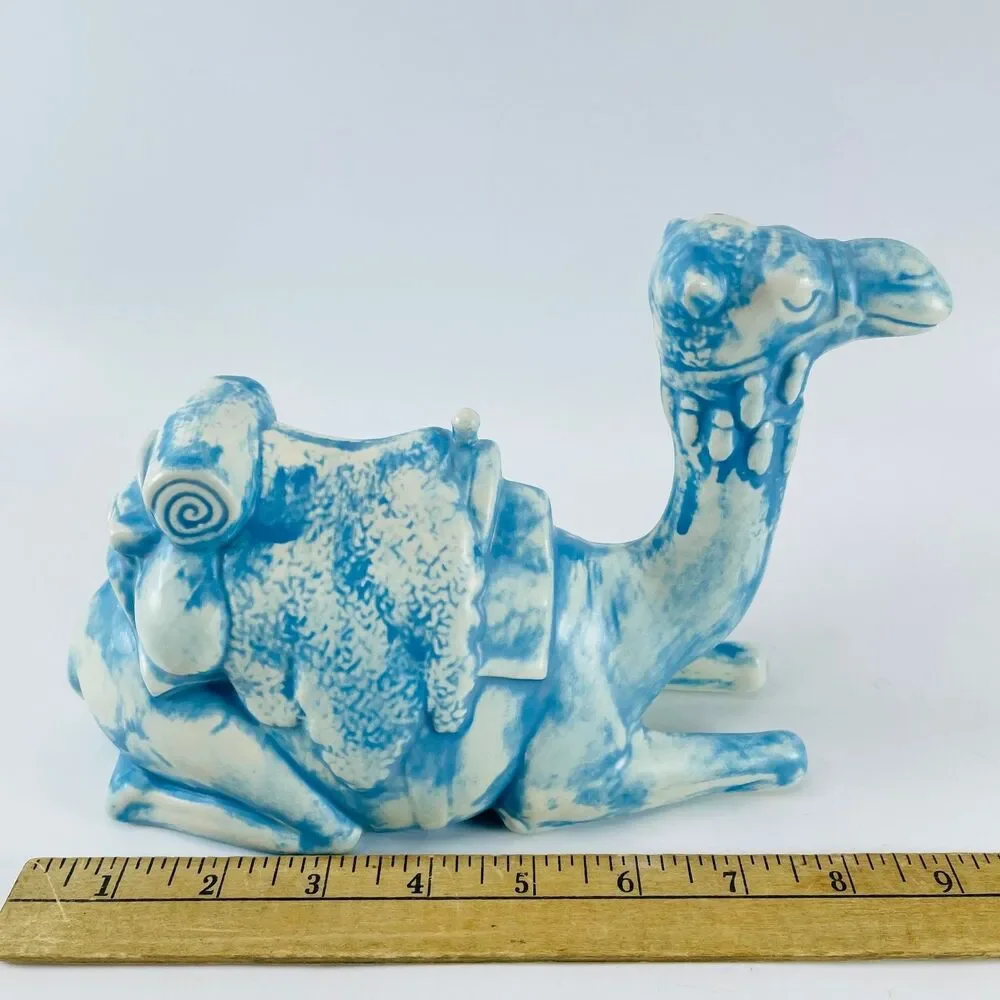 Holland Ceramic Nativity Kneeling Camel Figurine 6in Blue White Speckled Vintage